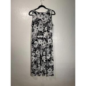 Talbots Sleeveless Midi Floral Dress Pockets Black‎ White Sz M Scoop Neck A Line